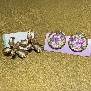 Vintage Elegant Gold and Purple Floral Earrings Set